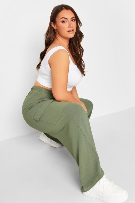 YOURS Plus Size Khaki Green Wide Leg Crepe Cargo Trousers | Yours Clothing 4
