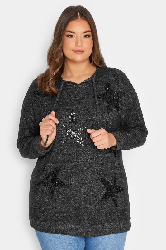 Plus Size  YOURS Curve Charcoal Grey & Black Sequin Star Hoodie