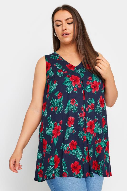 Plus Size  YOURS Curve Navy Blue Tropical Print Sleeveless Blouse