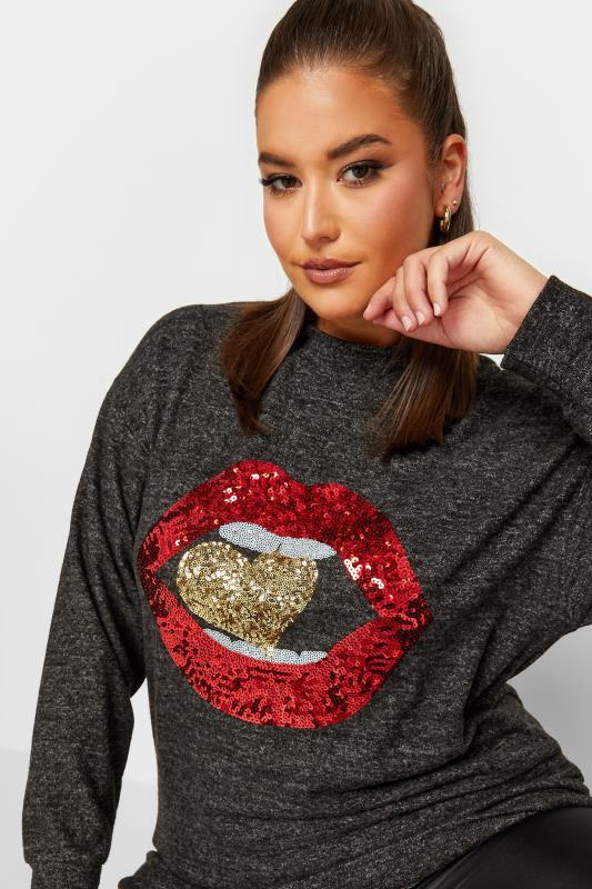 Curve Plus Size Charcoal Grey Glitter Lips Print Soft Touch Long Sleeve Top 4