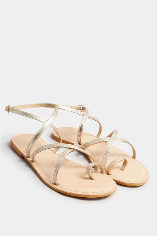 LTS Gold Cross Strap Leather Sandals In Standard Fit | Long Tall Sally 2