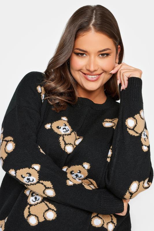YOURS Plus Size Black Teddy Bear Print Knitted Jumper | Yours Clothing 4