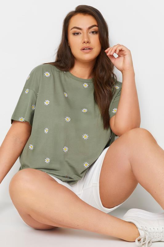 LIMITED COLLECTION Plus Size Green Embroidered Daisy T-Shirt | Yours Clothing 4