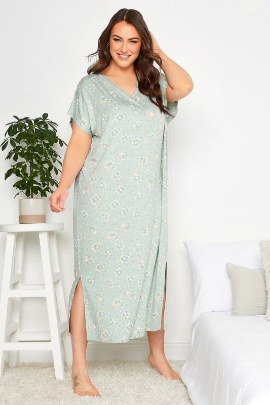 Plus Size  YOURS Curve Green Floral Print Soft Touch Nightdress