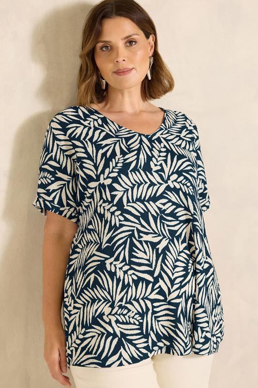  EVANS Curve Navy Blue Leaf Print Crinkle Blouse