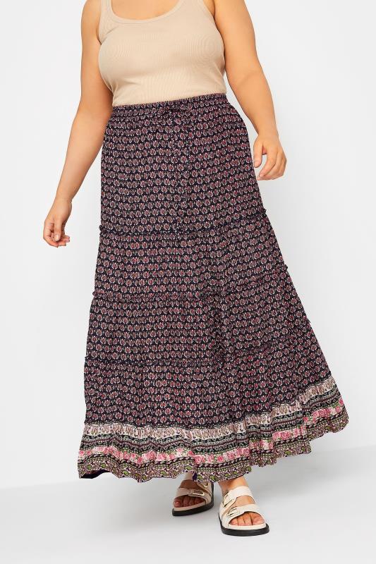 YOURS Plus Size Navy Blue Paisley Print Gypsy Maxi Skirt | Yours Clothing 1