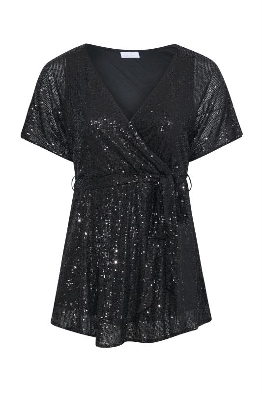 YOURS LONDON Plus Size Black Sequin Embellished Wrap Top | Yours Clothing 6