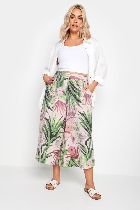 YOURS Plus Size Pink Tropical Print Textured Cropped Trousers | Yours Clothing 2
