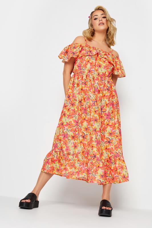 LIMITED COLLECTION Plus Size Orange Floral Frill Cold Shoulder Midi Dress | Yours Clothing 2