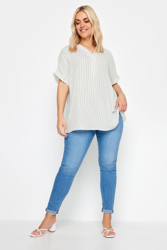 YOURS Curve Plus Size White Half Placket Stripe Blouse | Yours Clothing  2