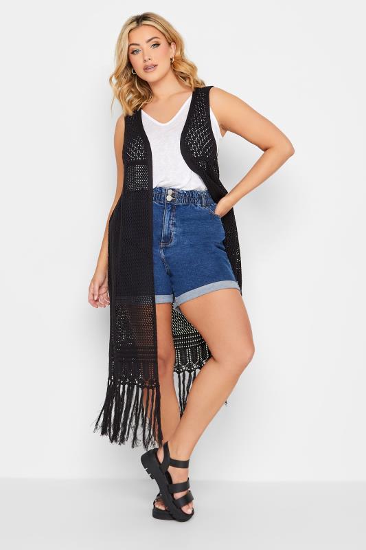 YOURS Plus Size Black Crochet Sleeveless Longline Cardigan | Yours Clothing 2