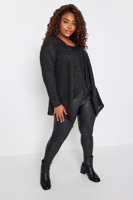 YOURS Plus Size Black Sequin Waterfall Cardigan | Yours Clothing 2