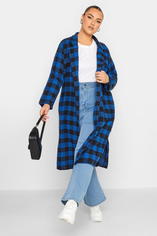 LIMITED COLLECTION Plus Size Curve Dark Blue & Black Check Long Duster Coat | Yours Clothing 2
