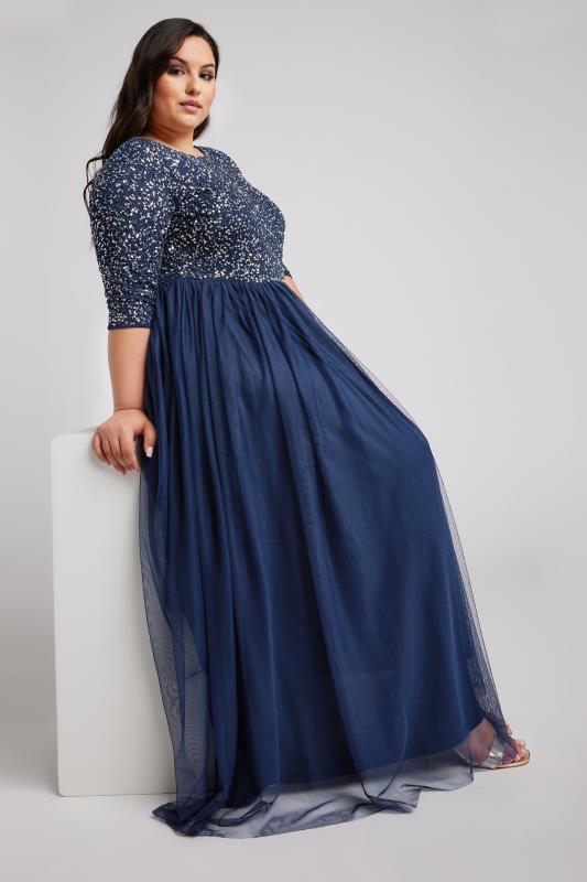 LUXE Plus Size Navy Blue Sequin Hand Embellished Maxi Dress | Yours Clothing  4