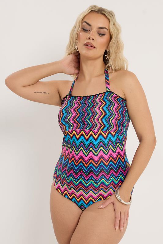YOURS Plus Size Black Chevron Shirred Bandeau Swimsuit | Yours Clothing 2