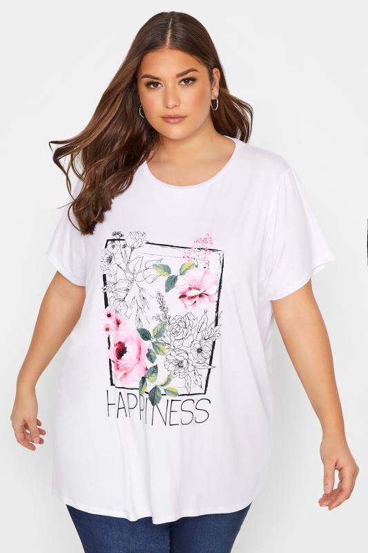 Curve White Floral 'Happiness' Slogan T-Shirt_A.jpg