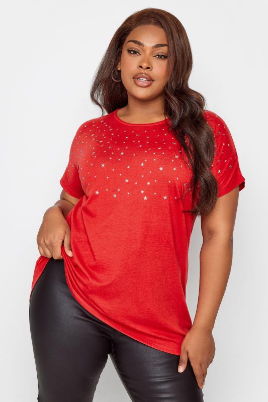 YOURS Plus Size Red Embellished Front T-Shirt | Yours Clothing 1