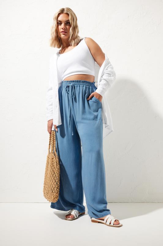 YOURS Plus Size Blue Chambray Wide Leg Trousers | Yours Clothing 1