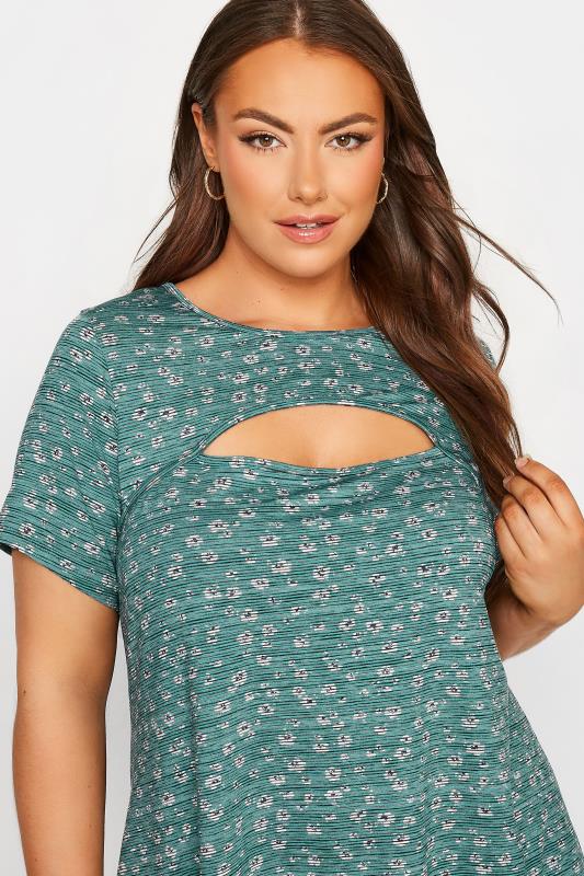 Plus Size Green Floral Stripe Print Cut Out Top | Yours Clothing  4
