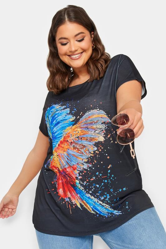 YOURS Curve Plus Size Black Bird Print T-Shirt | Yours Clothing  1