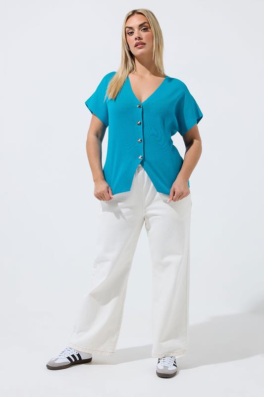 LIMITED COLLECTION Plus Size Dark Blue Short Sleeve Knitted Top | Yours Clothing 1