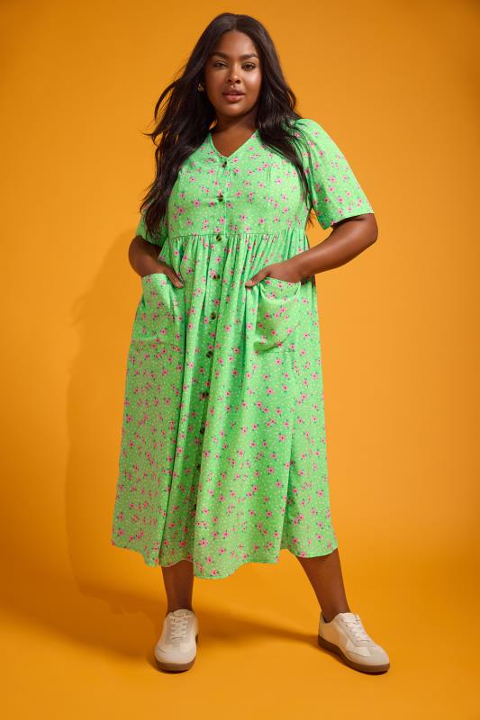 YOURS Curve Green Floral Print Smock Midaxi Dress | Yours Clothing 2