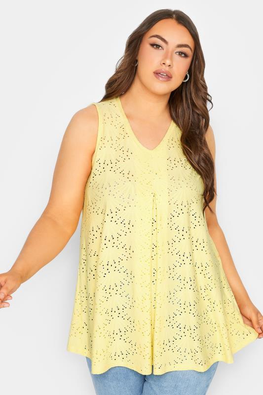 YOURS Plus Size Pastel Yellow Pointelle Vest Top | Yours Clothing 1
