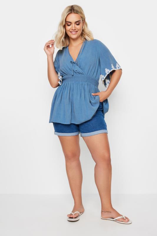 YOURS Plus Size Blue Chambray Embroidered Top | Yours Clothing 3
