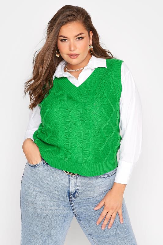 Curve Bright Green Cable Knit Sweater Vest Top_A.jpg