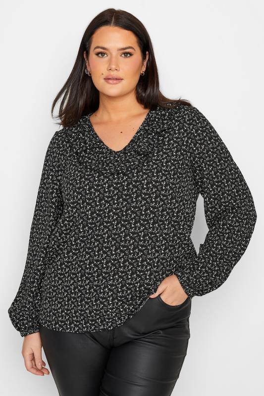  Grande Taille LTS Tall Black Ditsy Print Frill Top