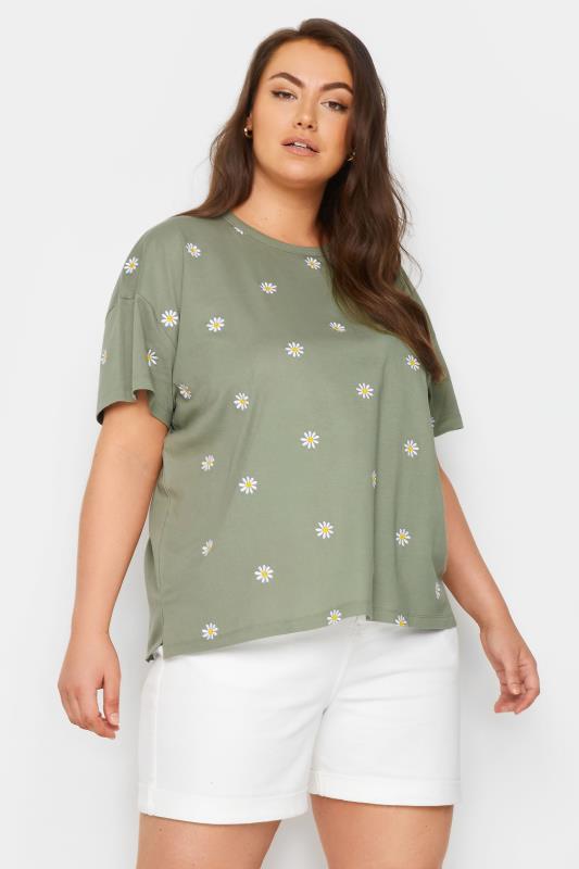 Plus Size  LIMITED COLLECTION Curve Green Embroidered Daisy T-Shirt