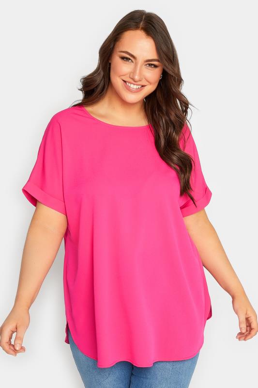 YOURS Plus Size Hot Pink Short Sleeve Boxy Top | Yours Clothing 1