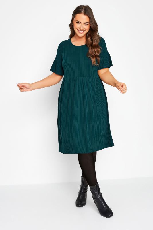  Curve Forest Green Ribbed Smock Dress