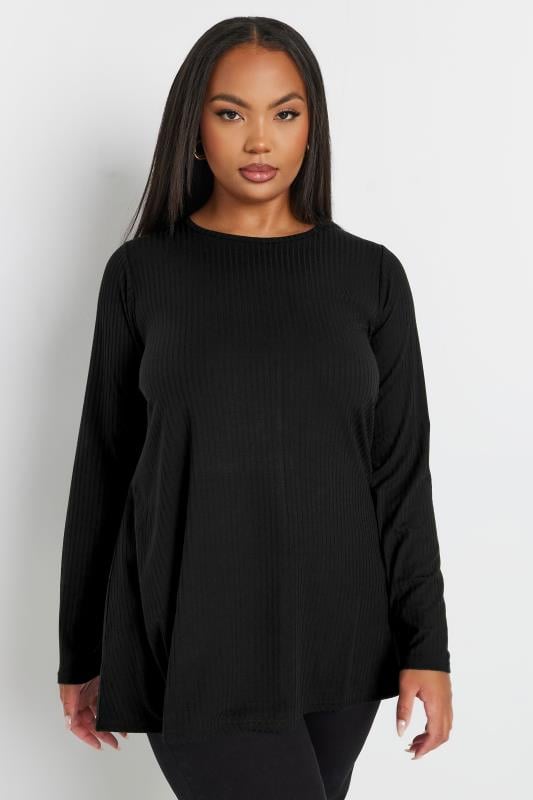 YOURS Plus Size Black Long Sleeve Ribbed Swing Top | Yours Clothing 1
