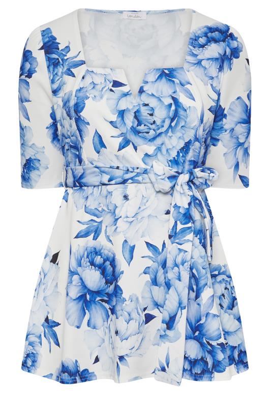 YOURS LONDON Plus Size White & Blue Floral Print Peplum Top | Yours Clothing 6
