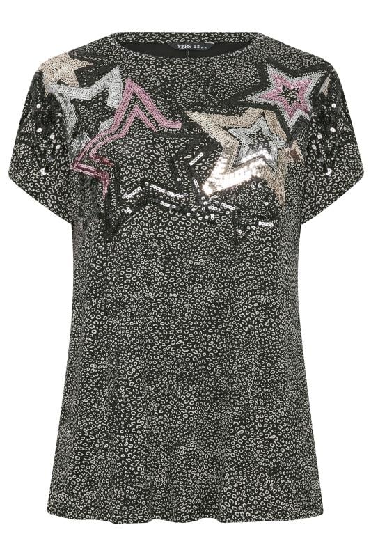 YOURS Plus Size Black Star Sequin Embellished T-Shirt | Yours Clothing 5