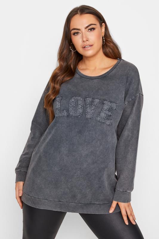 Curve Grey Acid Wash 'Love' Slogan Sweatshirt 1