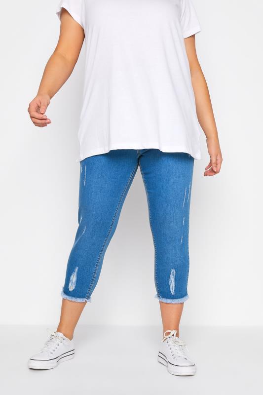 YOURS FOR GOOD Plus Size Mid Blue Distressed Cat Scratch JENNY Cropped Jeggings | Yours Clothing 1