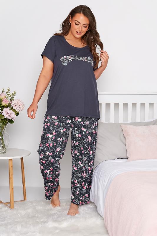 Plus Size Navy Blue Mixed Print Wide Leg Pyjama Bottoms | Yours Clothing  2