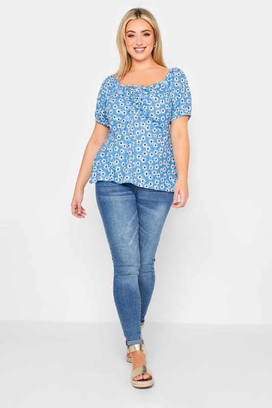 YOURS PETITE Plus Size Blue Daisy Print Ruched Front Top | Yours Clothing 2