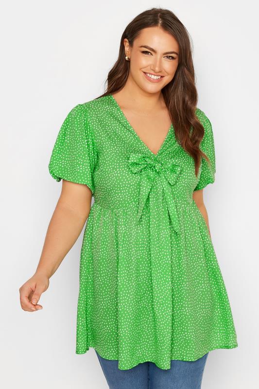 Curve Green Spot Print Tie Front Tunic Top 1