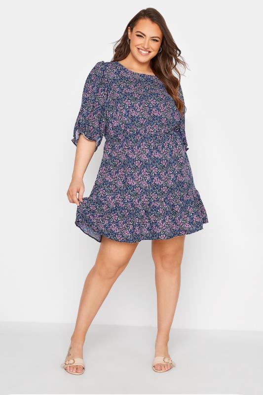  Grande Taille LIMITED COLLECTION Curve Black & Blue Ditsy Floral Dress