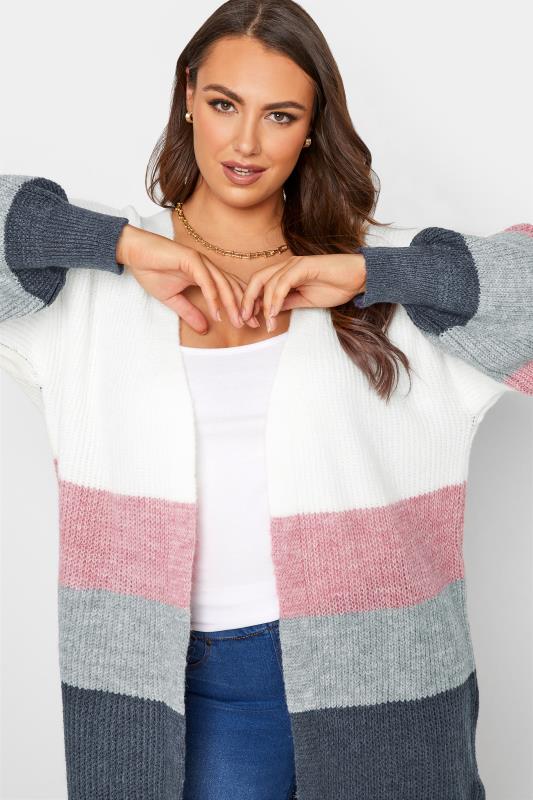 Plus Size Curve White & Grey Stripe Knitted Cardigan | Yours Clothing 4