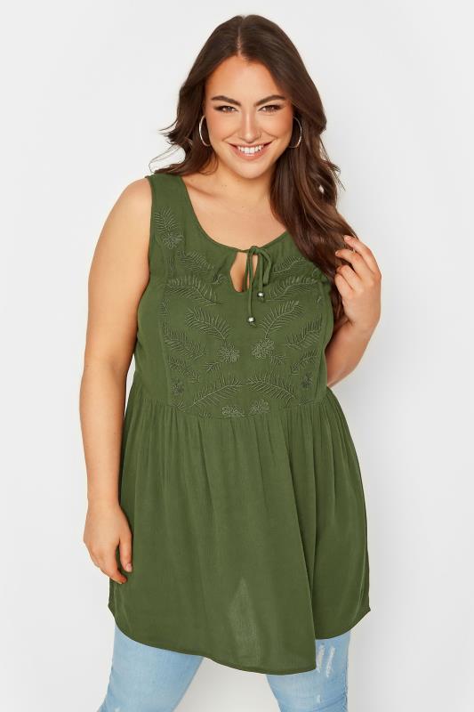 YOURS Plus Size Khaki Green Embroidered Peplum Vest Top | Yours Clothing 1