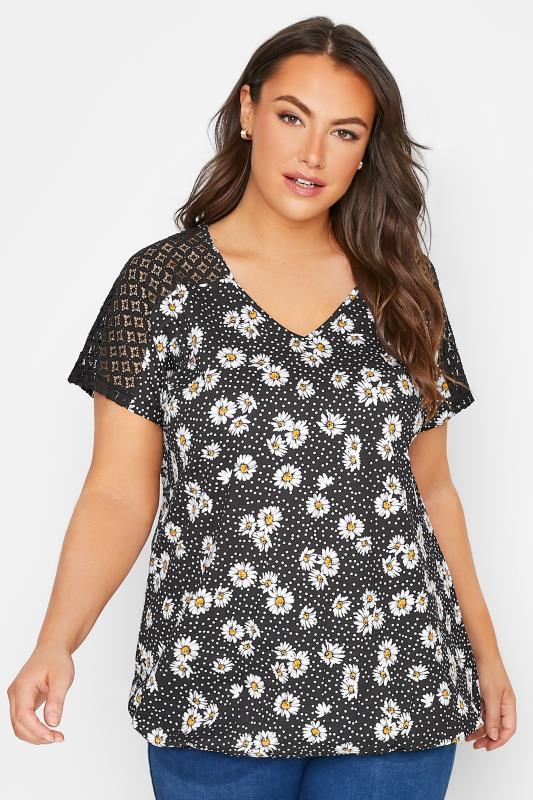  dla puszystych YOURS Curve Black Daisy Floral Print Lace Detail Bubble Hem T-Shirt