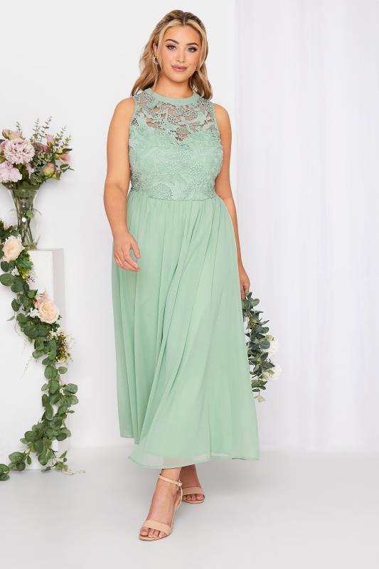 Plus Size YOURS LONDON Curve Sage Green Lace Front Chiffon Maxi Dress | Yours Clothing  1