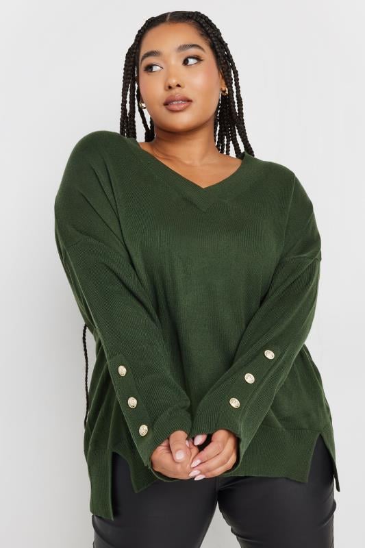 YOURS Plus Size Forest Green Button Sleeve Jumper | Yours Clothing  1