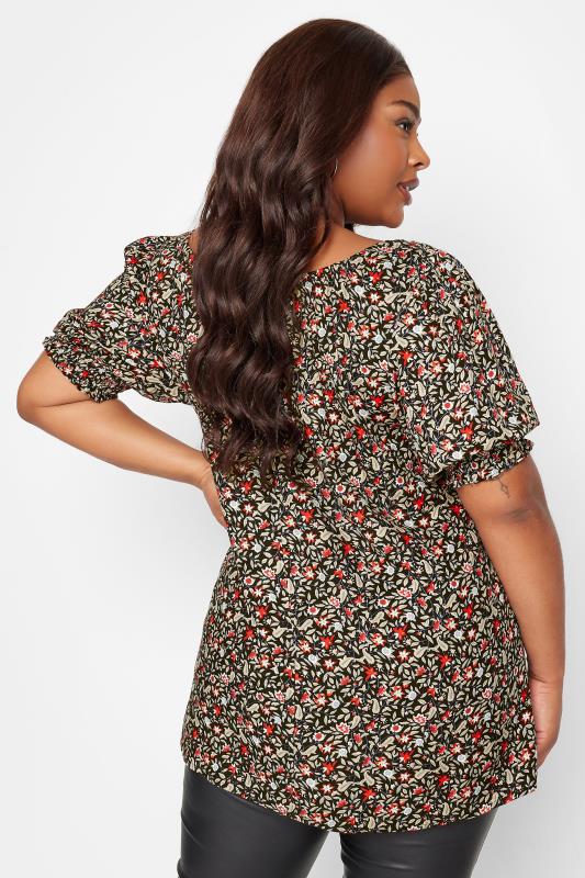 YOURS Plus Size Black Floral Print Puff Sleeve Gypsy Top | Yours Clothing 3