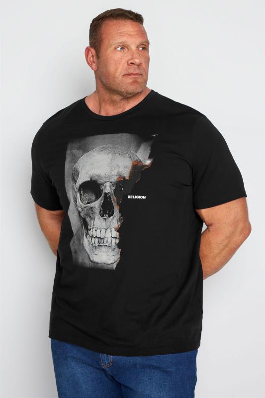RELIGION Big & Tall Black Burnt Skull Print T-Shirt 1