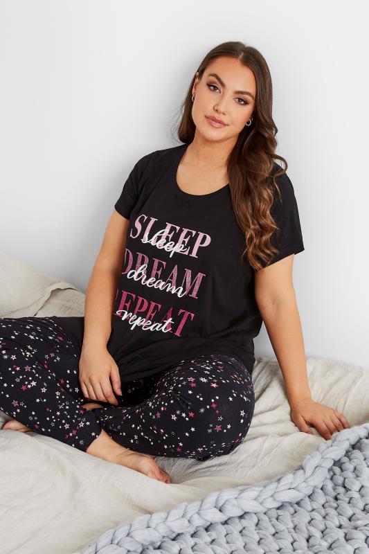 Curve Black 'Sleep, Dream, Repeat' Short Sleeve Pyjama Top| Yours Clothing 1